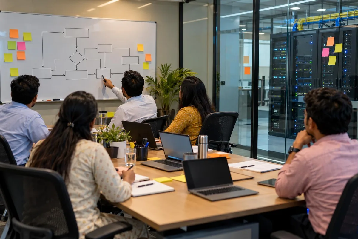 Business continuity planning - team workshop with a flowchart on a whiteboard and backup servers behind glass - key points