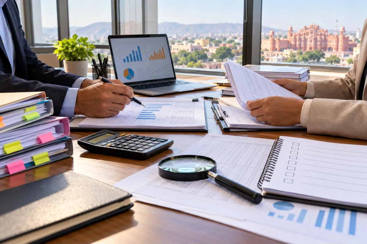 Internal audit for group companies - auditors reviewing tabbed files, charts and a checklist in a Jaipur office - key points